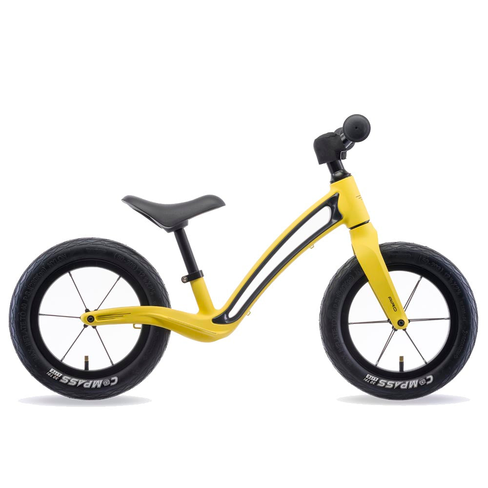Hornit AIRO 12 inch Hammer Yellow kids balance bike with lightweight frame and black wheels