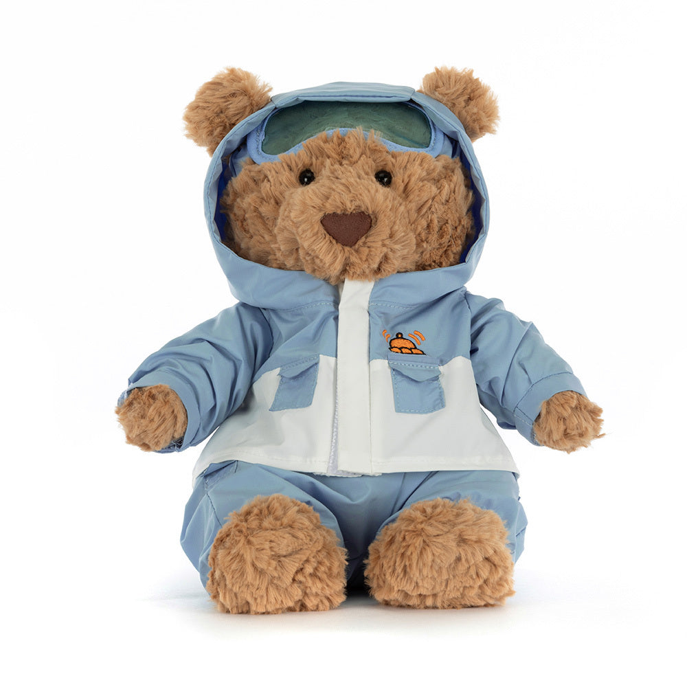 Jellycat Bartholomew Bear soft toy wearing a cosy snow suit winter outfit