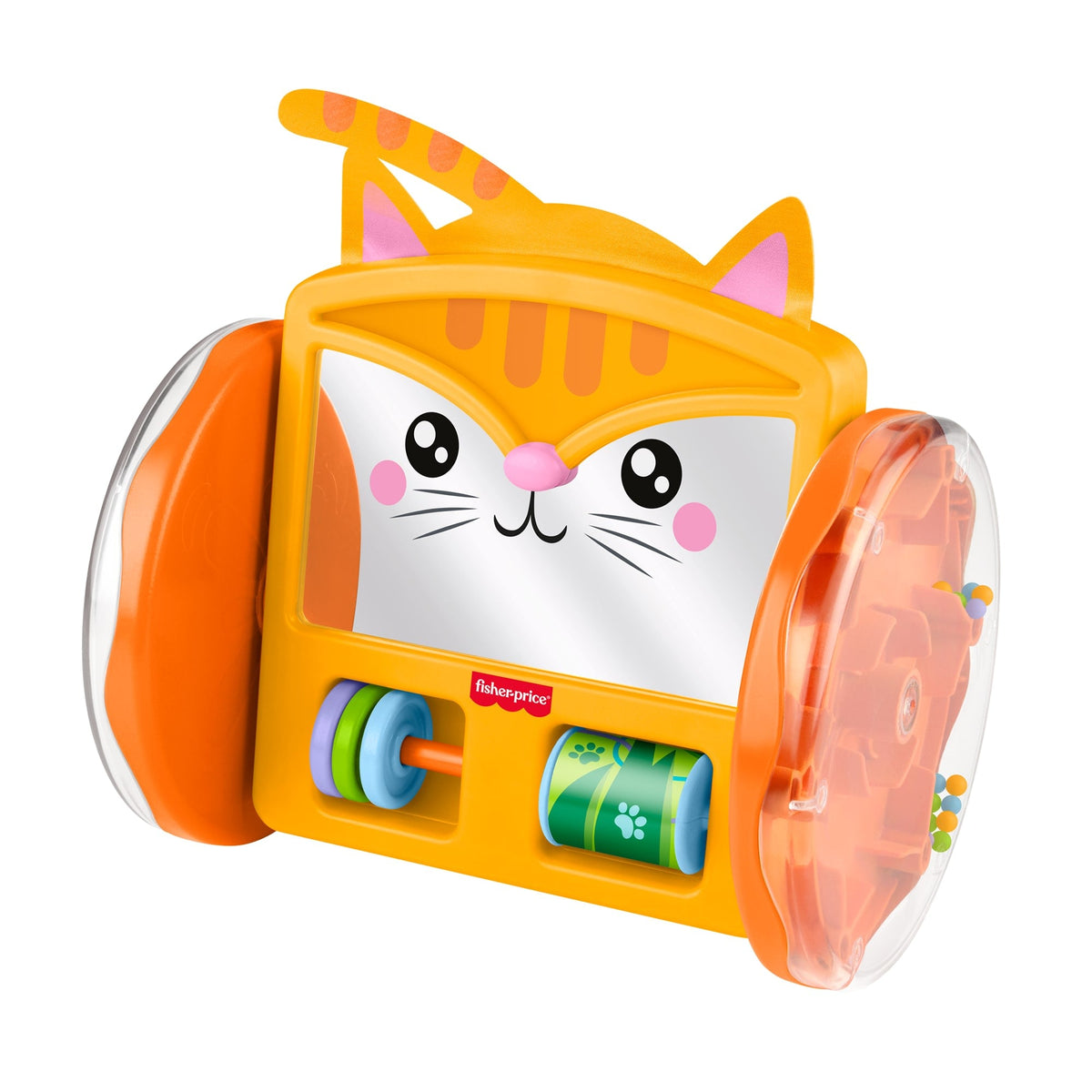 Cute baby crawling cat activity toy designed for tummy time and early play