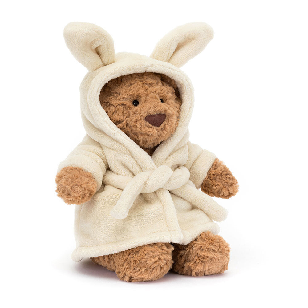 Jellycat Bartholomew Bear soft toy wearing a cosy bathrobe outfit