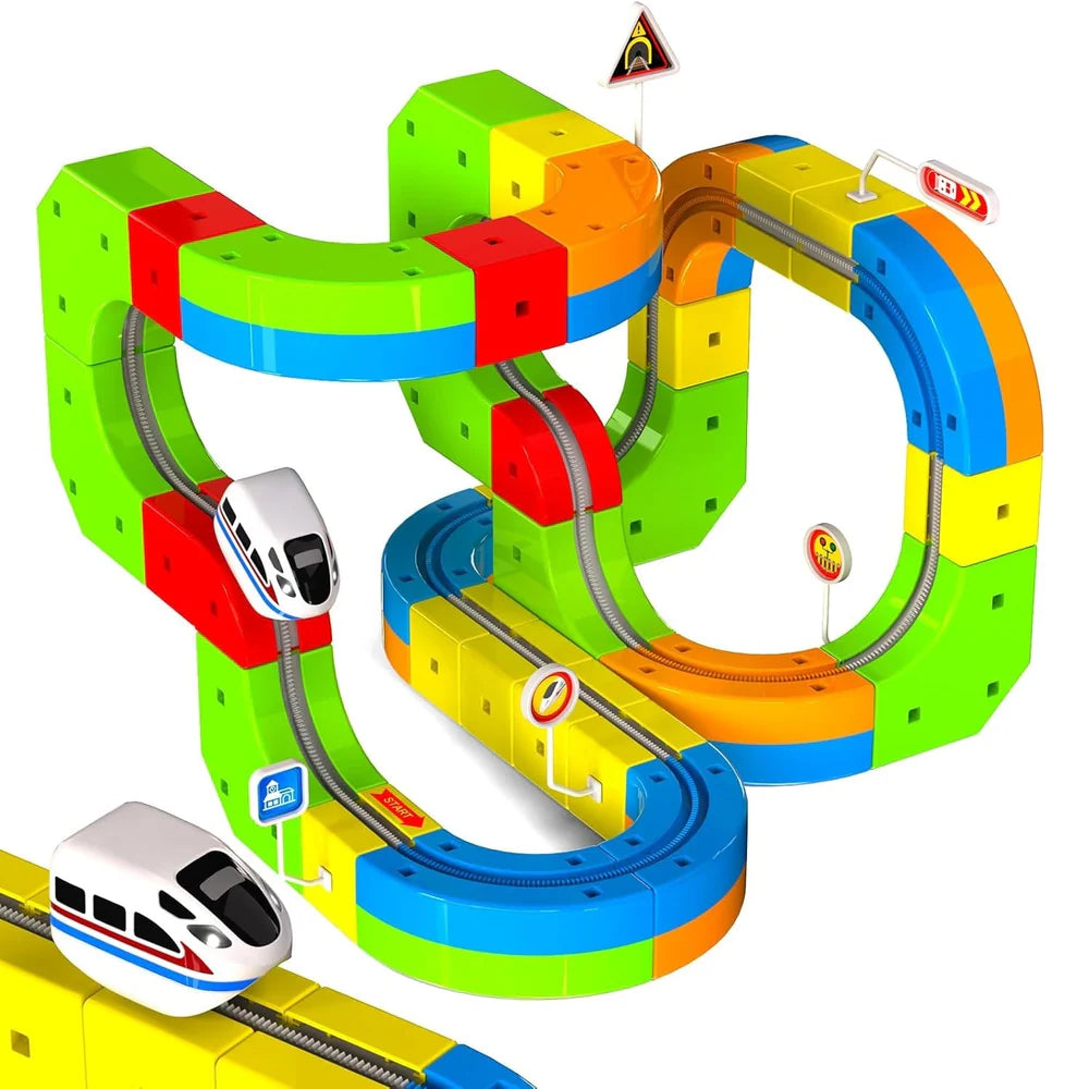 Kids magnetic track rail car set with electric race car and colourful buildable track pieces