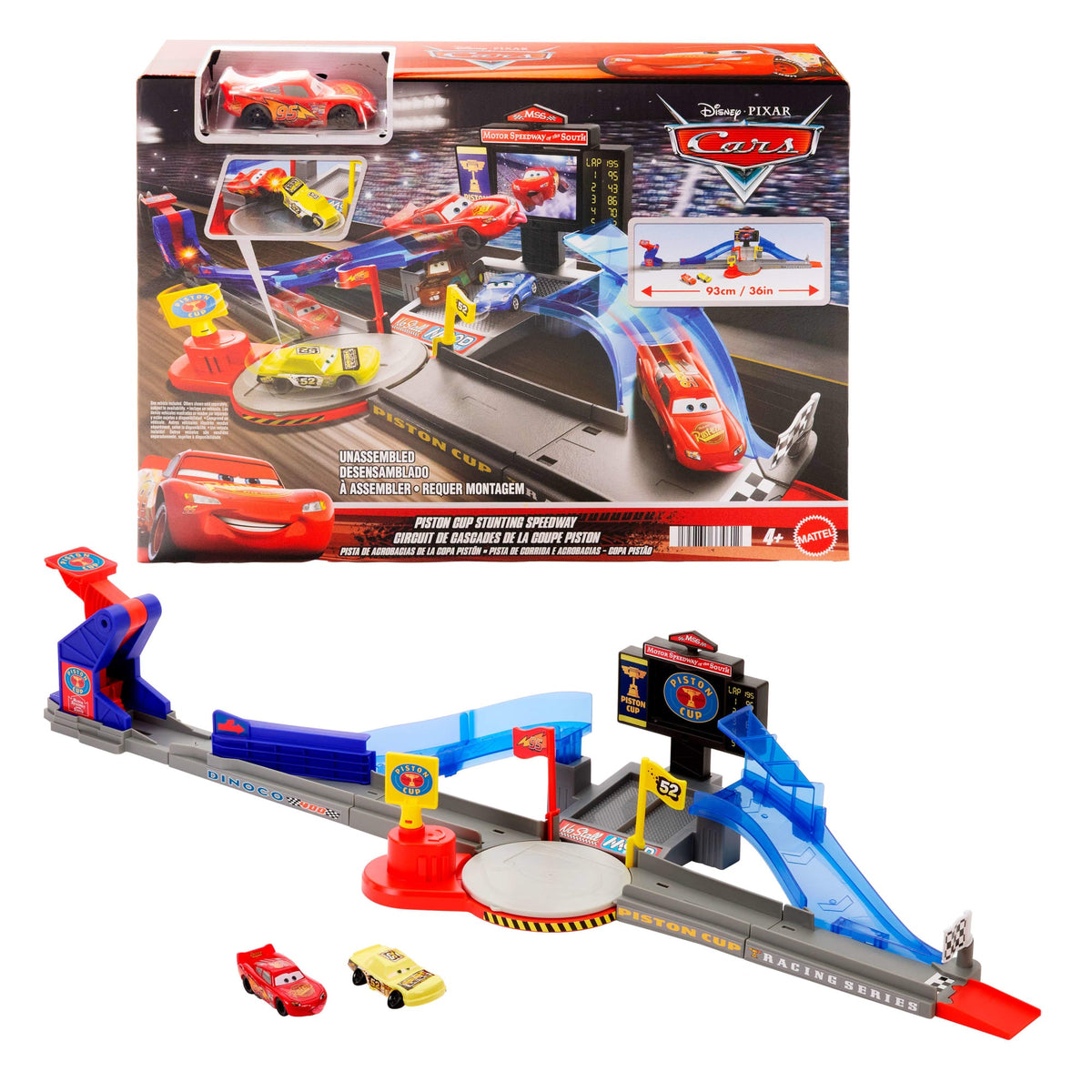 Kids racing car stunt track play set with colourful track pieces and toy car
