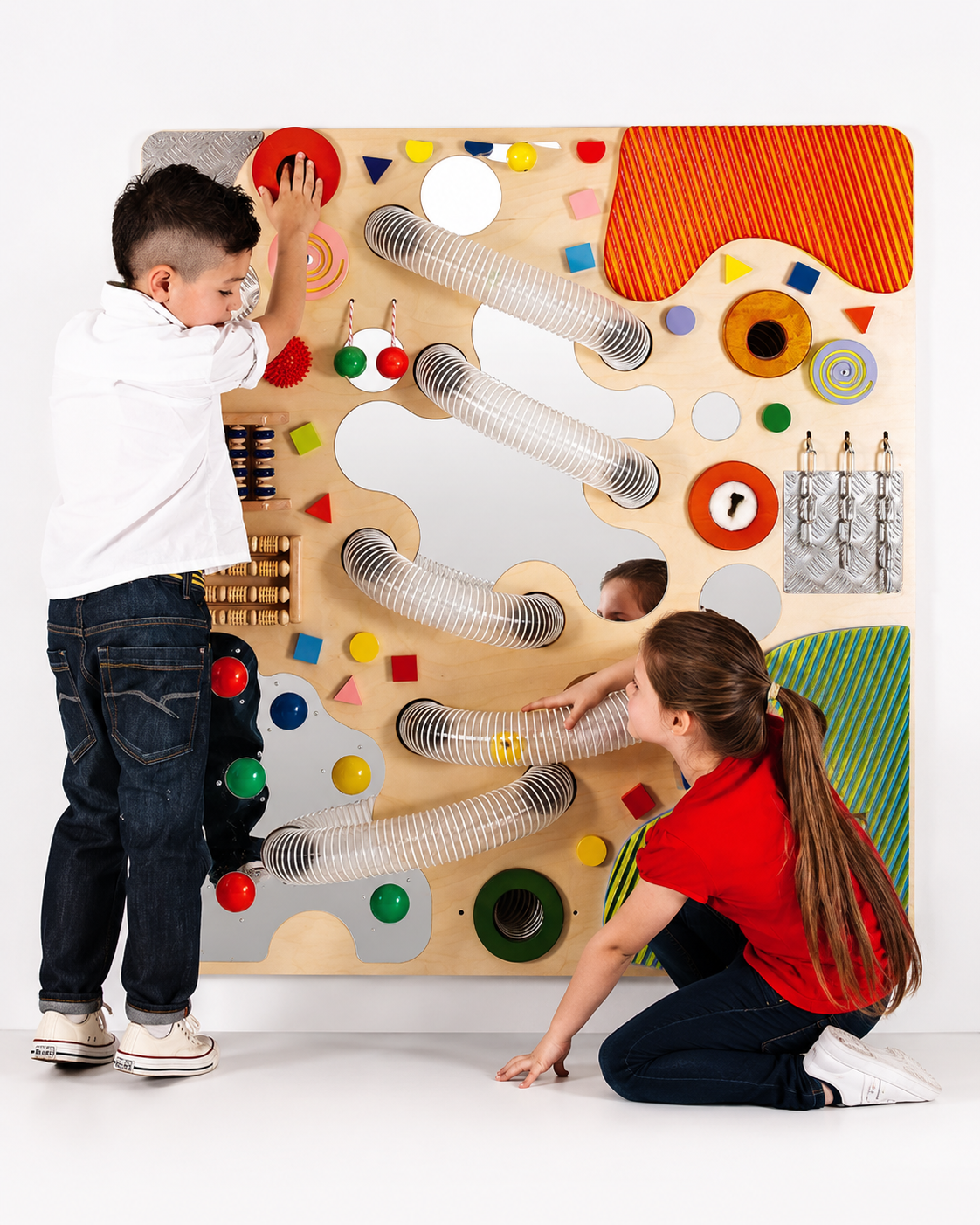 Kids wooden sensory activity wall play board with colourful shapes tubes mirrors and interactive learning features